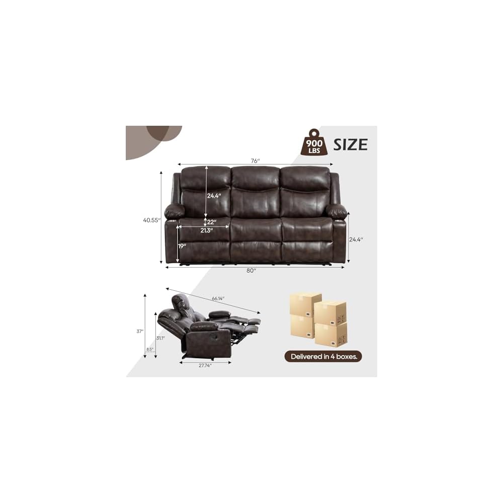 Reclining Sofa - 3 Seater Manual Recliner with Massage and Heat, Cup Holders, Loveseat Recliner Couch for Living Room(Brown)