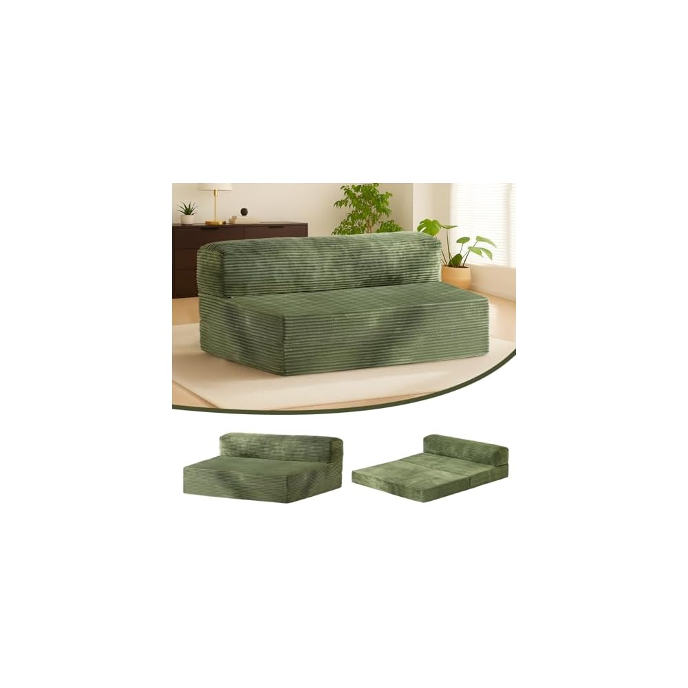 Folding Futon Sofa Bed Full Size, 6 inch Convertible Floor Couch Bed with Removable Corduroy Cover, Pull Out Couch for Small Spaces High-Density Foam,Green