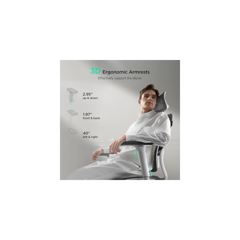 Hbada E2 Ergonomic Office Chair, Big and Tall Mesh Office Chair with 6-Way Dynamic Lumbar Support, 3D Adjustable Armrests, 3D Adjustable Headrest, High Back for Gaming Chair, White(No Footrest)