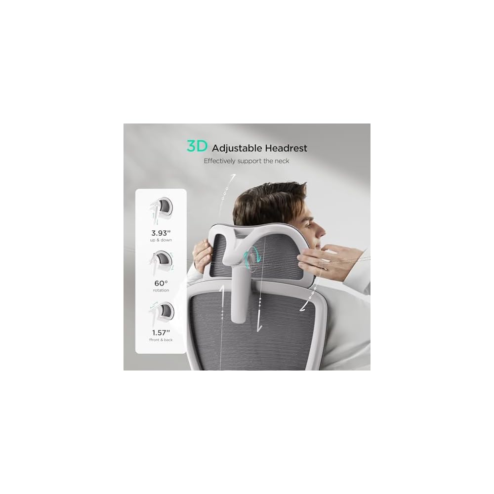 Hbada E2 Ergonomic Office Chair, Big and Tall Mesh Office Chair with 6-Way Dynamic Lumbar Support, 3D Adjustable Armrests, 3D Adjustable Headrest, High Back for Gaming Chair, White(No Footrest)