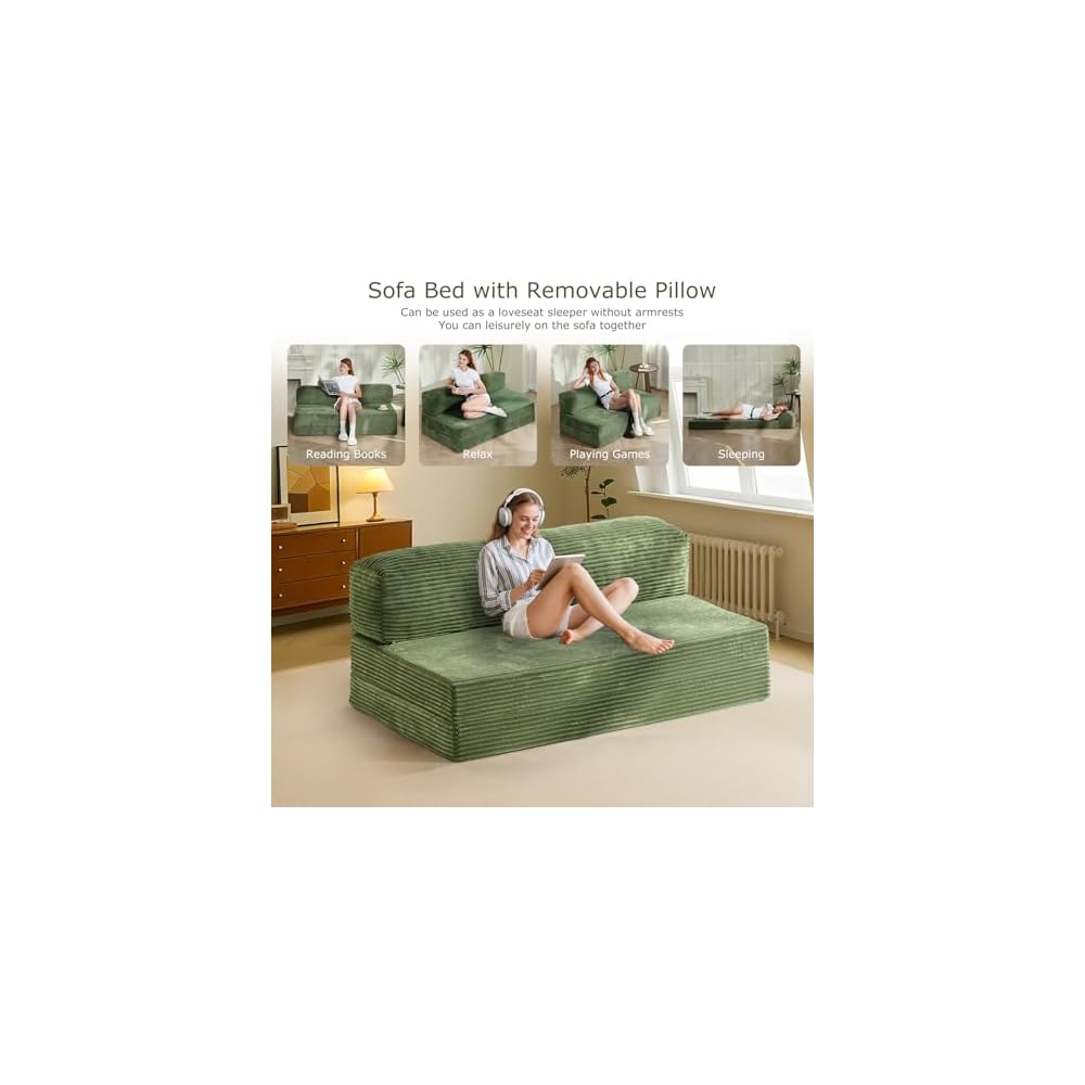 Folding Futon Sofa Bed Full Size, 6 inch Convertible Floor Couch Bed with Removable Corduroy Cover, Pull Out Couch for Small Spaces High-Density Foam,Green