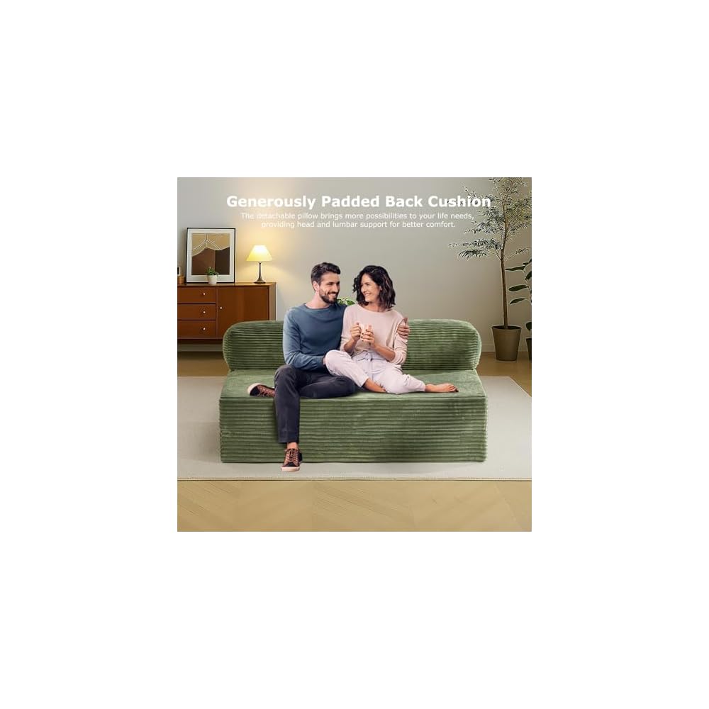 Folding Futon Sofa Bed Full Size, 6 inch Convertible Floor Couch Bed with Removable Corduroy Cover, Pull Out Couch for Small Spaces High-Density Foam,Green