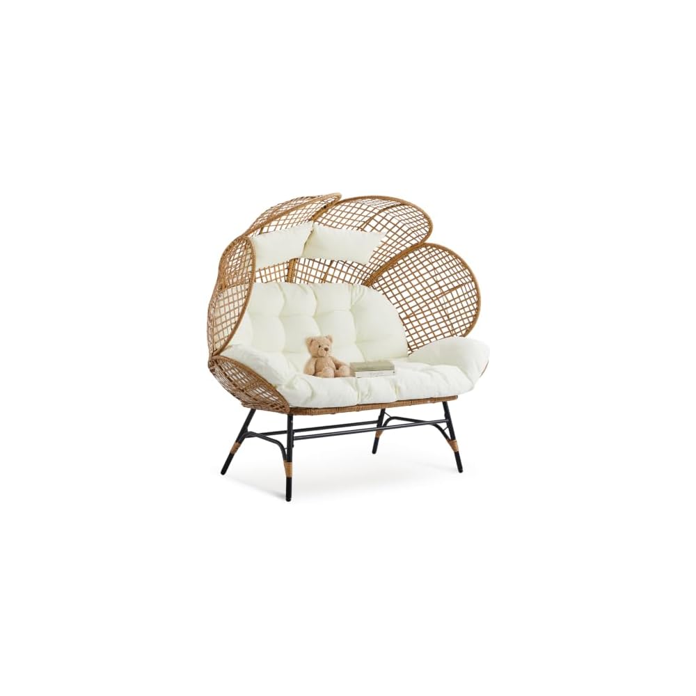 VINGLI Double Outdoor Egg Chair, Petal Wicker Chair with Cushions (Yellow)