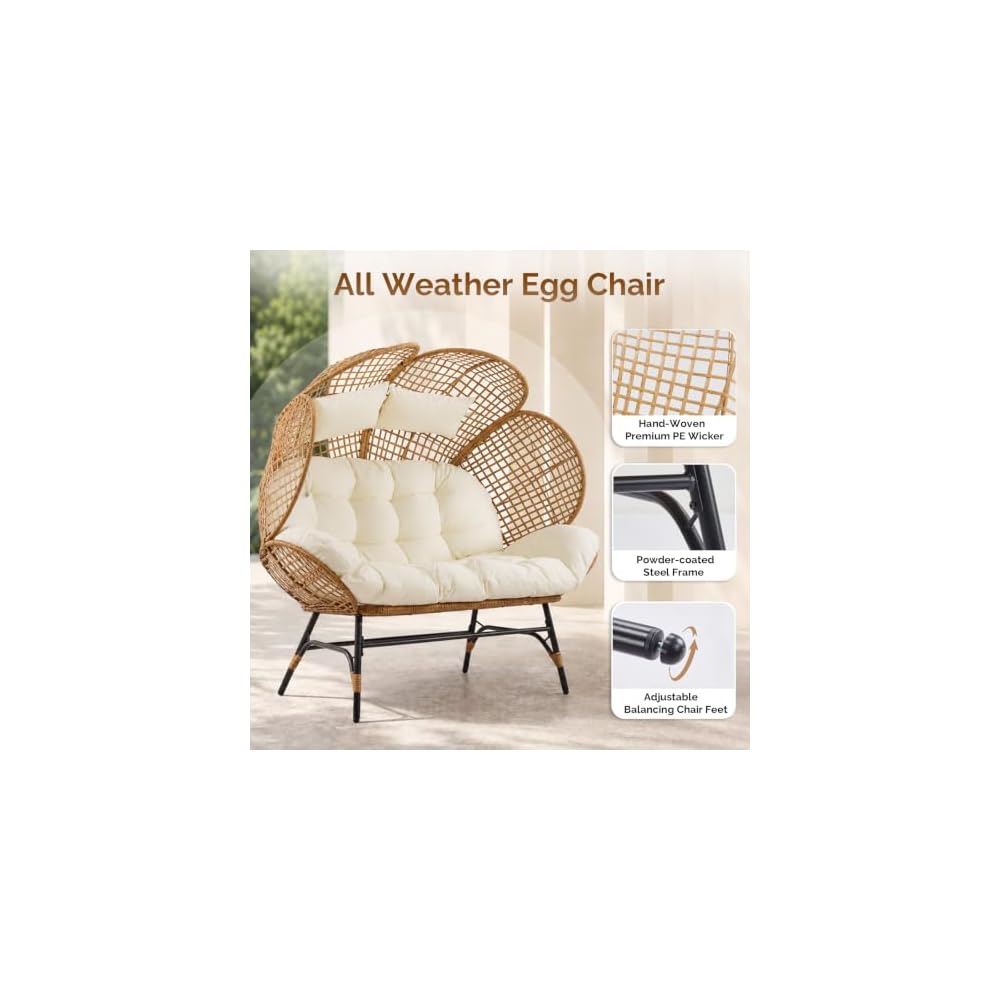 VINGLI Double Outdoor Egg Chair, Petal Wicker Chair with Cushions (Yellow)