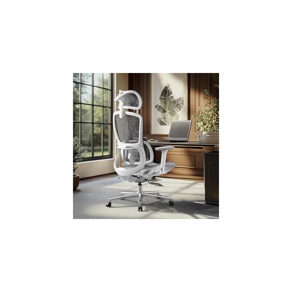 Hbada E2 Ergonomic Office Chair, Big and Tall Mesh Office Chair with 6-Way Dynamic Lumbar Support, 3D Adjustable Armrests, 3D Adjustable Headrest, High Back for Gaming Chair, White(No Footrest)