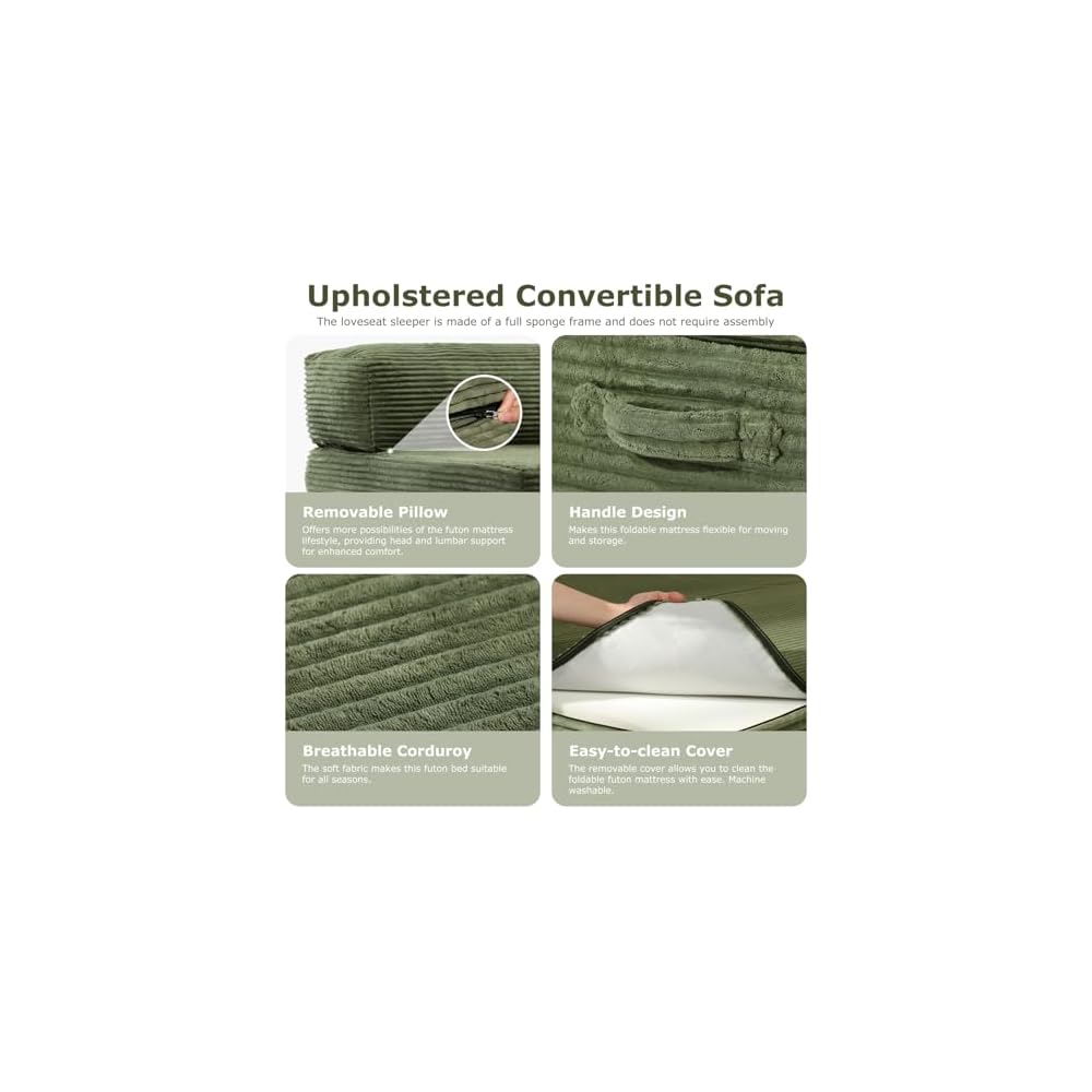 Folding Futon Sofa Bed Full Size, 6 inch Convertible Floor Couch Bed with Removable Corduroy Cover, Pull Out Couch for Small Spaces High-Density Foam,Green