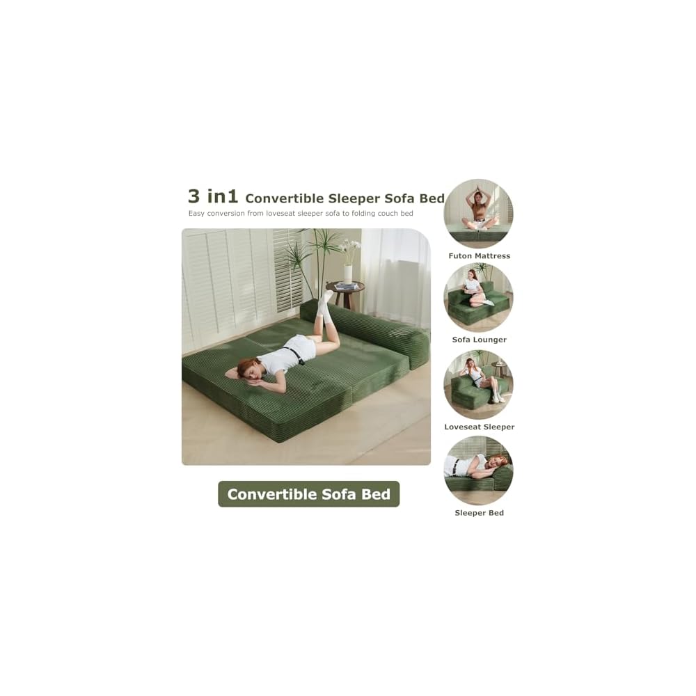 Folding Futon Sofa Bed Full Size, 6 inch Convertible Floor Couch Bed with Removable Corduroy Cover, Pull Out Couch for Small Spaces High-Density Foam,Green