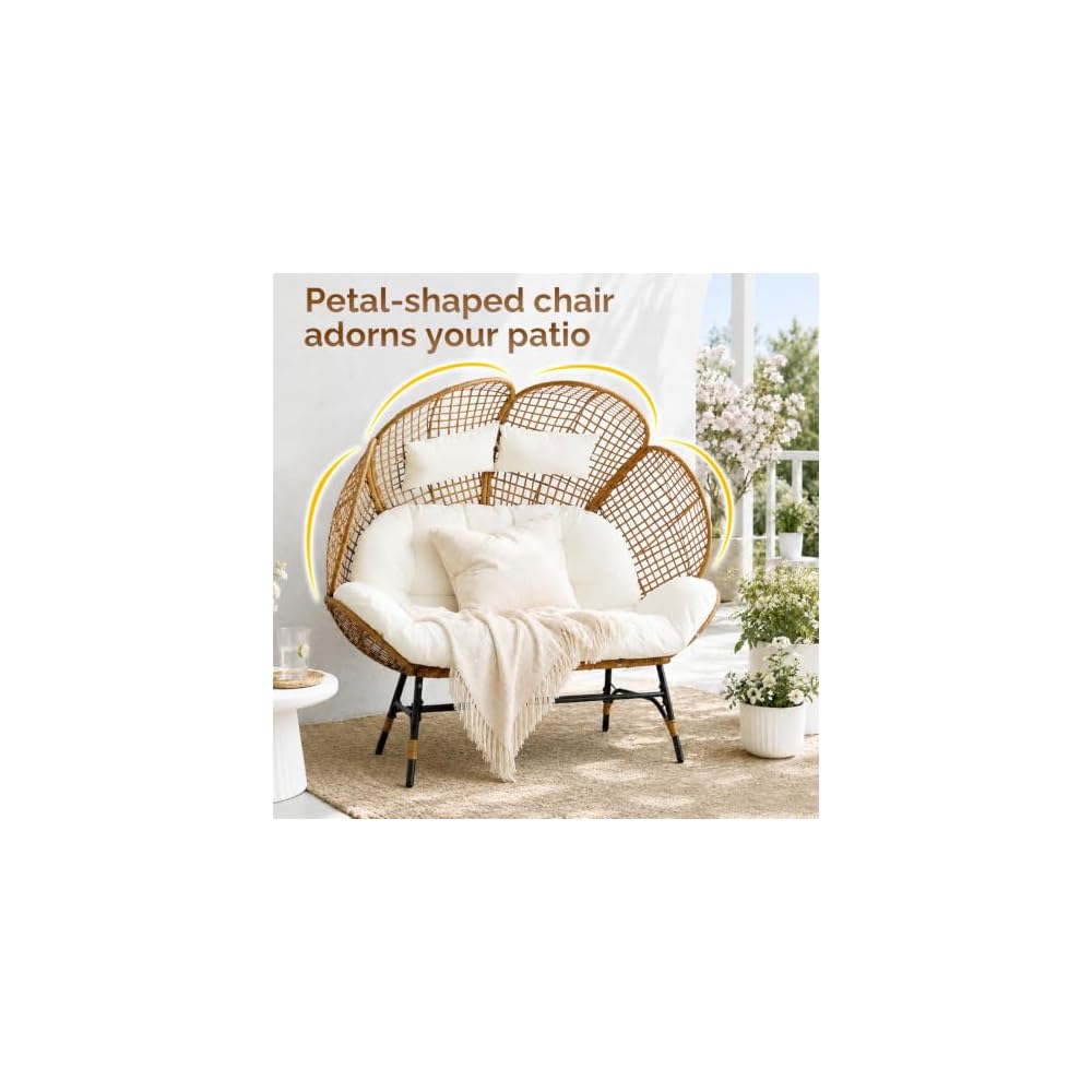 VINGLI Double Outdoor Egg Chair, Petal Wicker Chair with Cushions (Yellow)