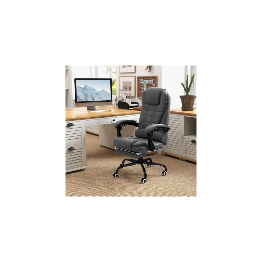 Modern 7-Point Vibrating Massage Grey Ergonomic Office Chair | Contemporary Executive Recliner Mission & Craftsman Style | Lumber Support Retractable Footrest Padded Arm & Head Rest Motor Control