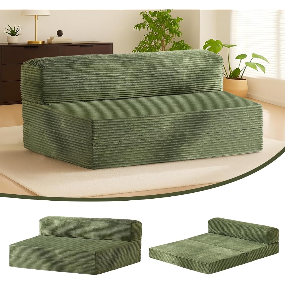 Folding Futon Sofa Bed Full Size, 6 inch Convertible Floor Couch Bed with Removable Corduroy Cover, Pull Out Couch for Small Spaces High-Density Foam,Green