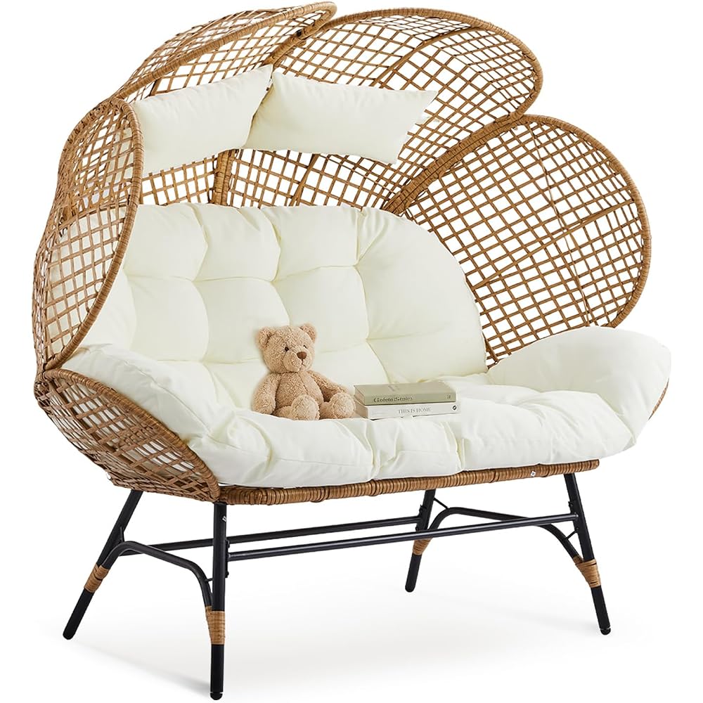 VINGLI Double Outdoor Egg Chair, Petal Wicker Chair with Cushions (Yellow)
