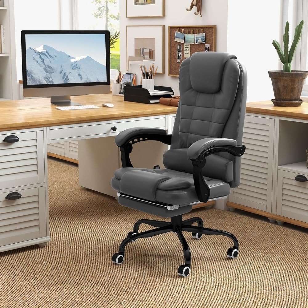 Modern 7-Point Vibrating Massage Grey Ergonomic Office Chair | Contemporary Executive Recliner Mission & Craftsman Style | Lumber Support Retractable Footrest Padded Arm & Head Rest Motor Control