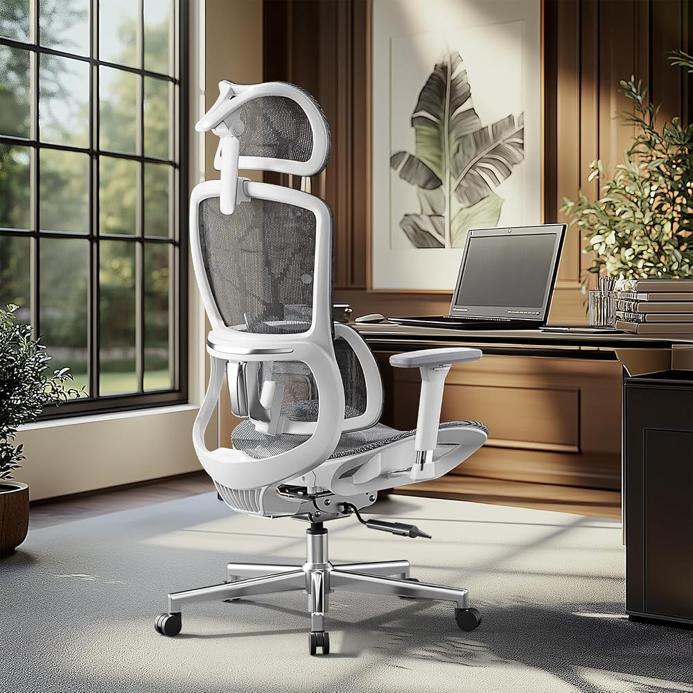 Hbada E2 Ergonomic Office Chair, Big and Tall Mesh Office Chair with 6-Way Dynamic Lumbar Support, 3D Adjustable Armrests, 3D Adjustable Headrest, High Back for Gaming Chair, White(No Footrest)