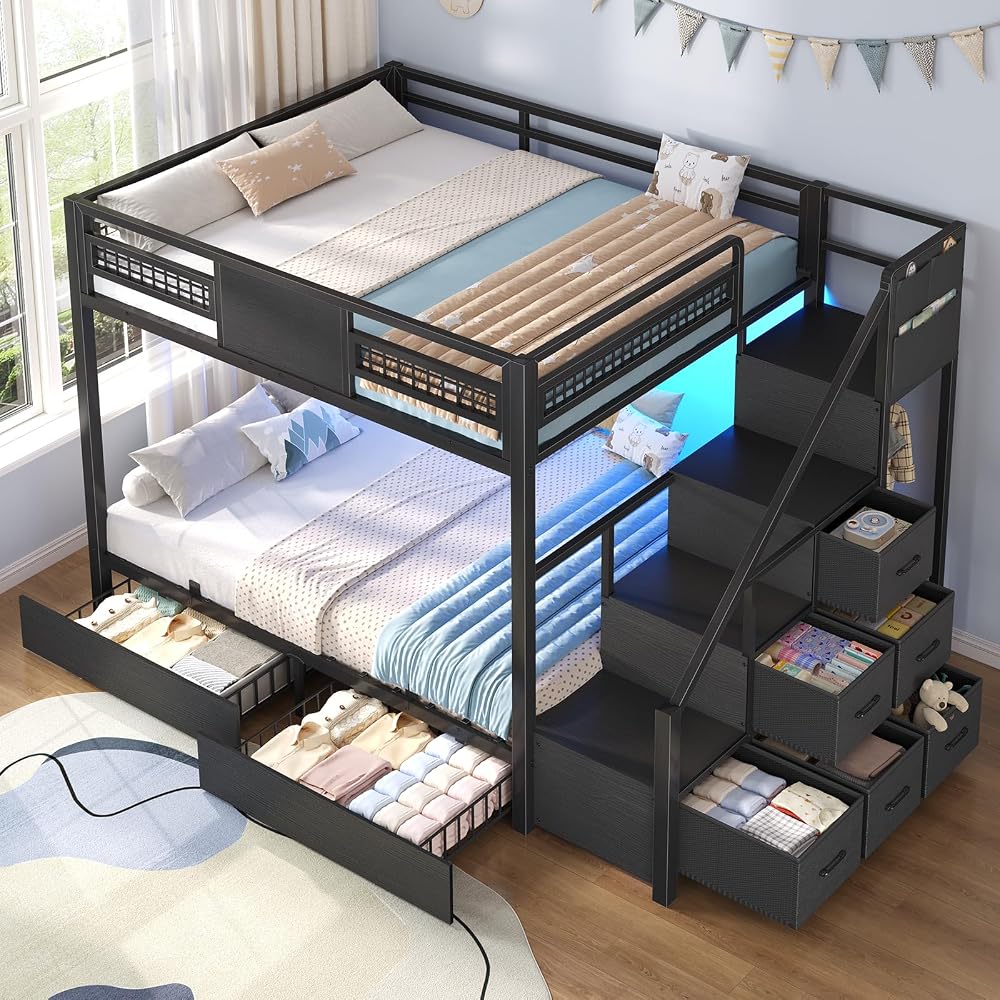 BTHFST Bunk Bed Full Over Full with Stairs, Storage Drawers and LED Lights