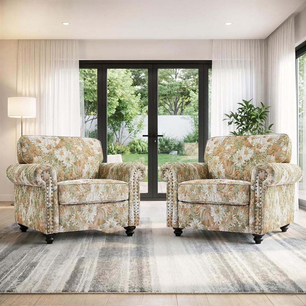 Folral Accent Chairs Set of 2, Comfy Reading Armchair, Sand